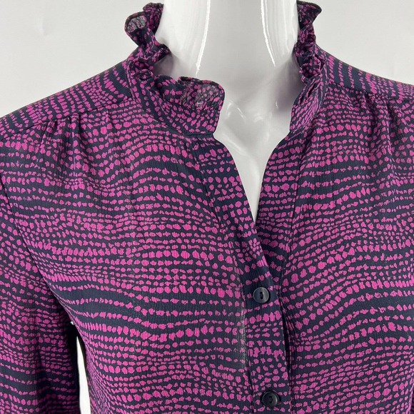Tavora Top Size 4 Navy Black Purple Printed Sheer Button Up Ruffle Neck Blouse - Picture 2 of 6